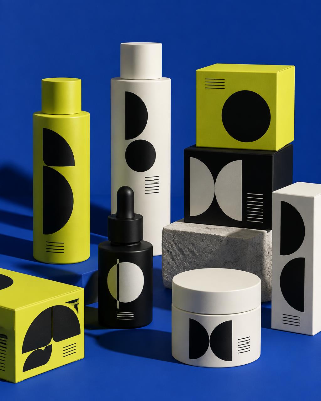 Chartreuse, black and ivory skincare packaging against cobalt blue