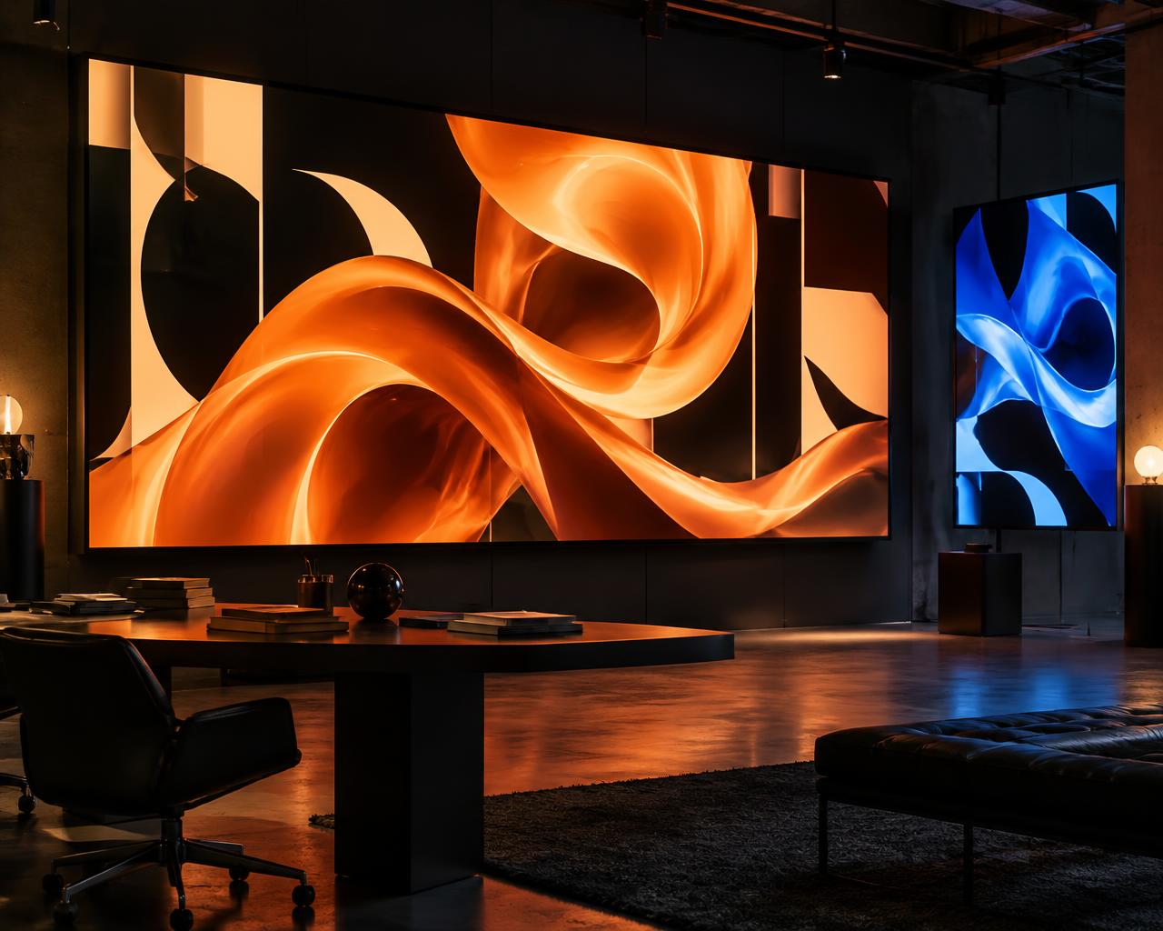 Orange and blue motion graphics displayed on screens in a studio