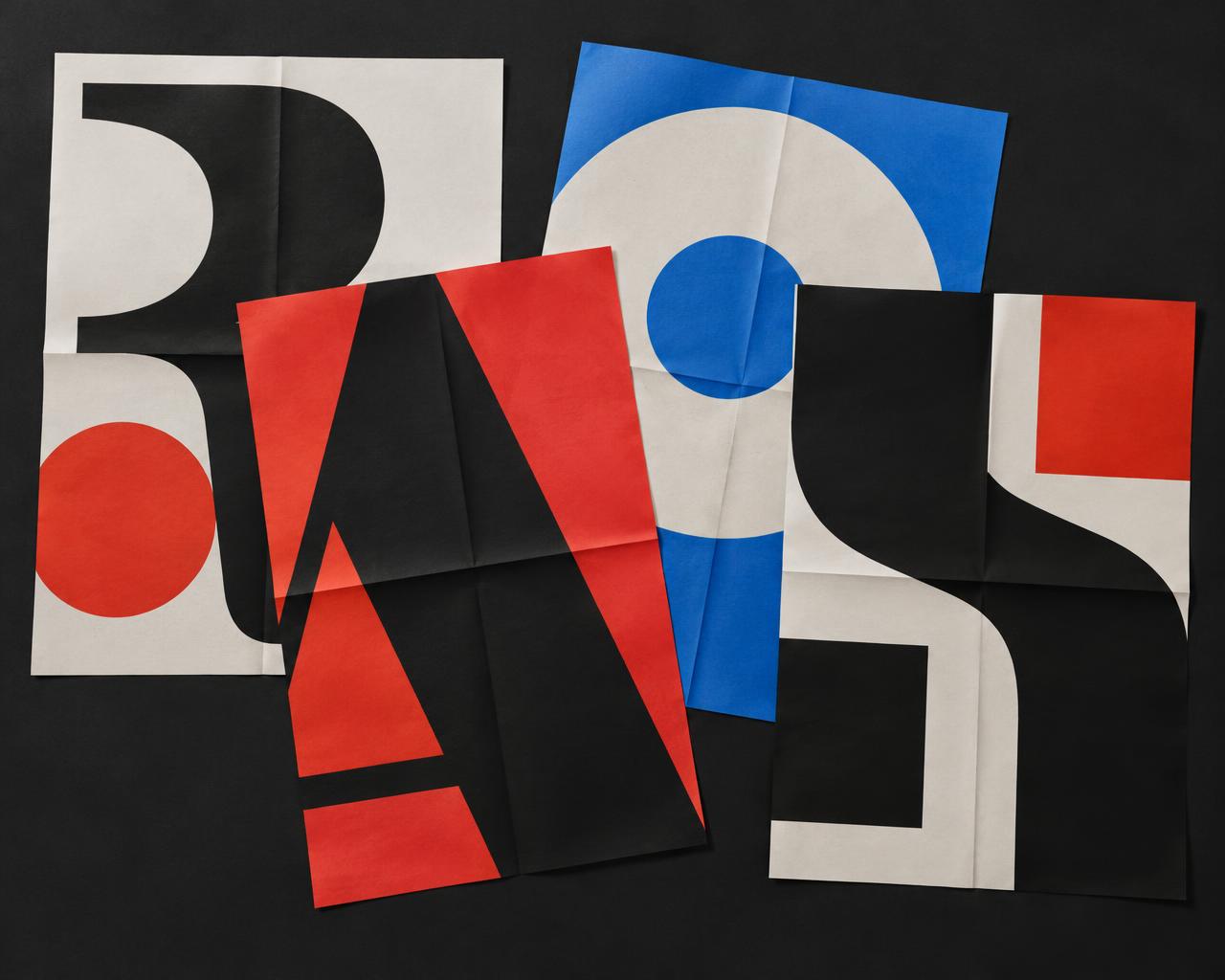 Abstract red, blue, black and ivory typography poster collection