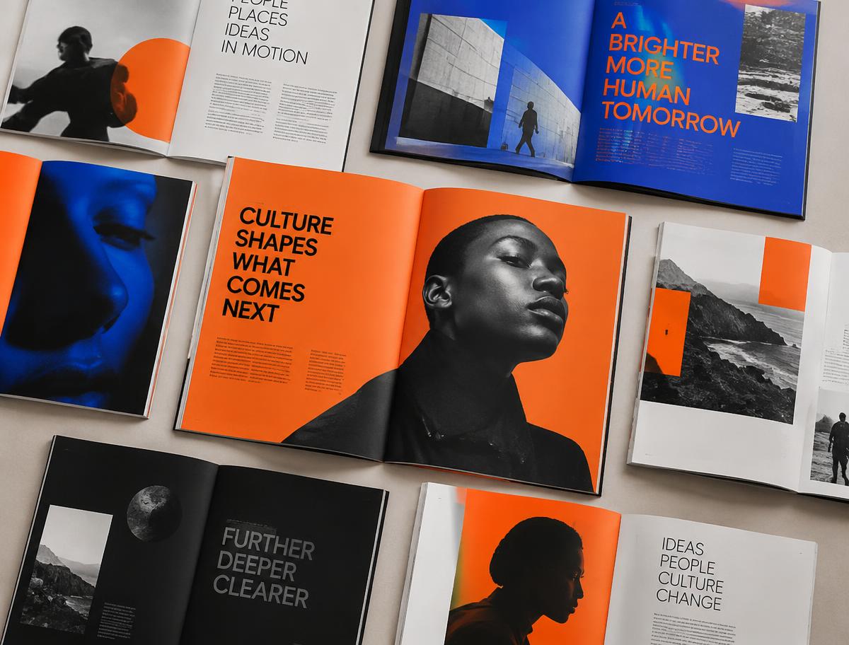 Contemporary culture magazine spreads in orange, blue and black