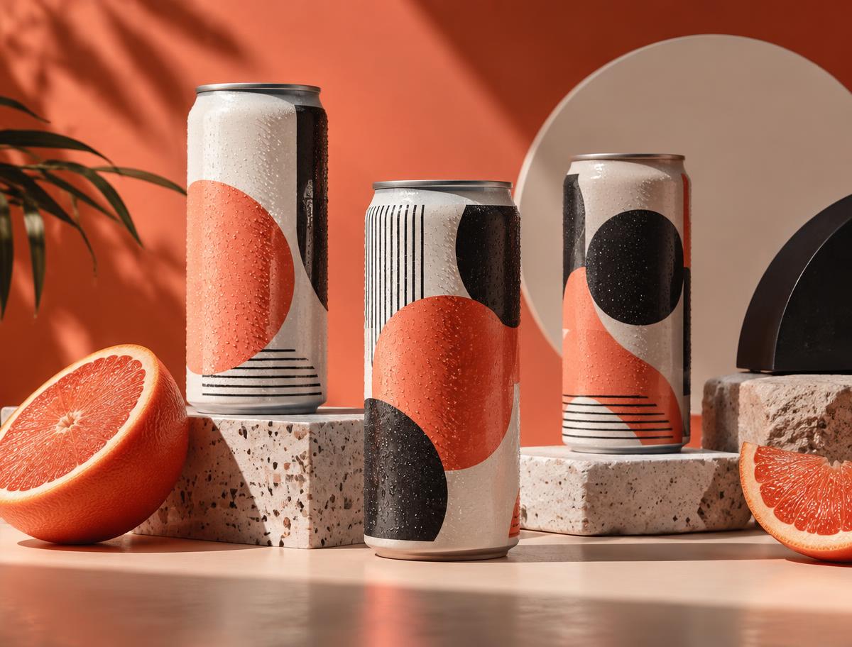 Geometric orange, cream and black beverage can packaging