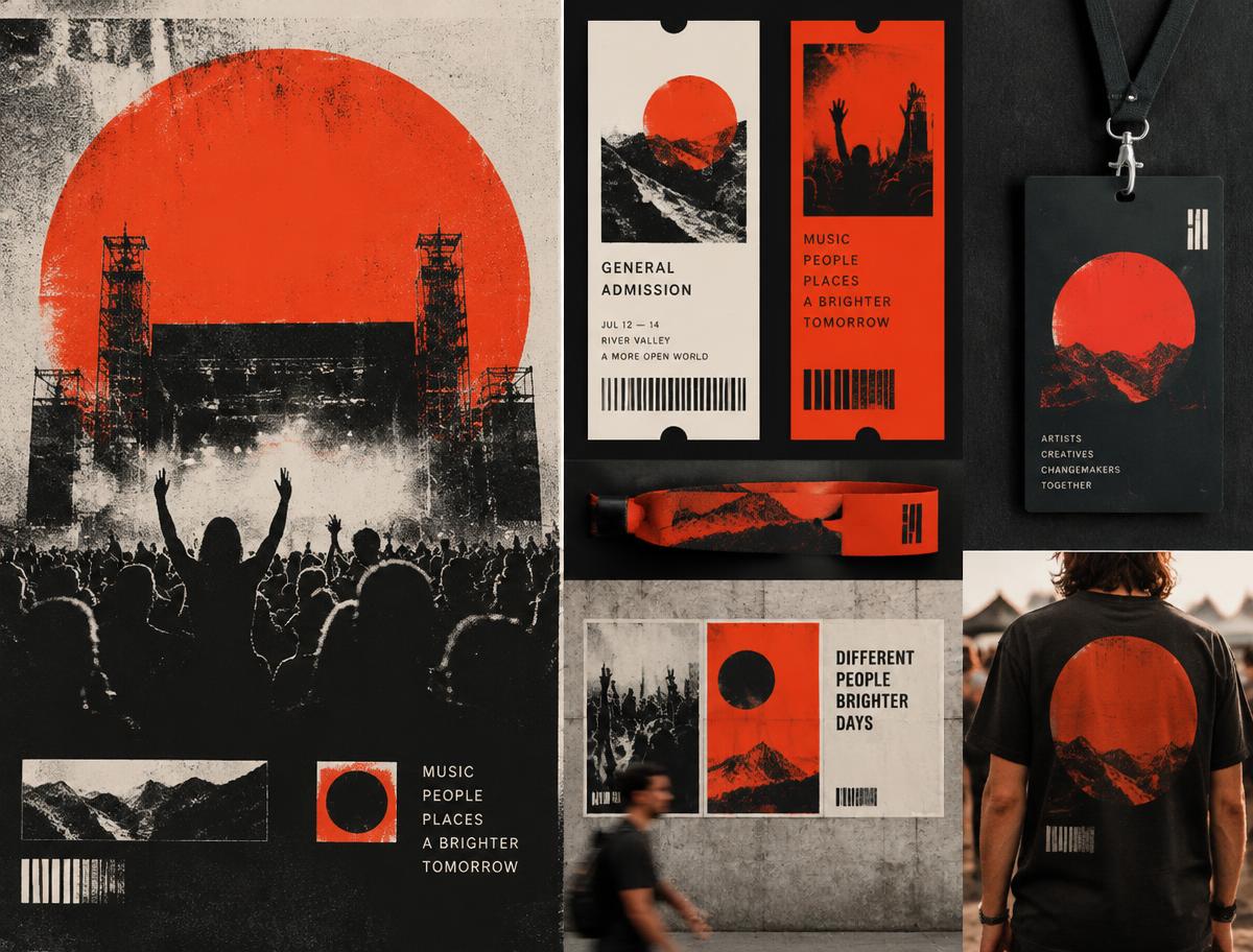 Orange and black festival identity across posters, tickets and apparel